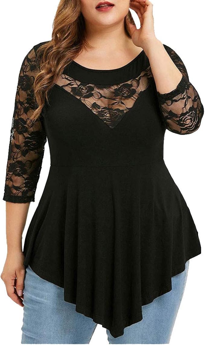 women's plus size black lace tops