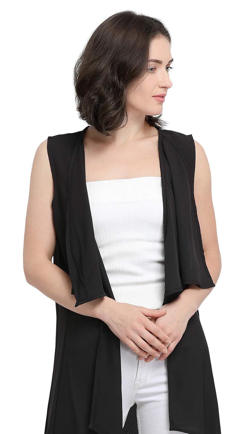 serein women's black soft crepe shrug/long jacket