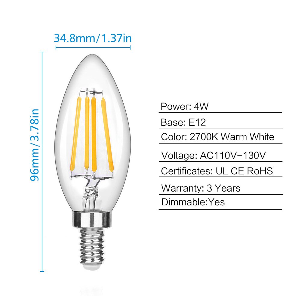 LEDERA Dimmable E12 LED Candelabra Bulb, 4W, 350lm, Candle Light Bulbs, Warm White 2700K, 6-Pack.