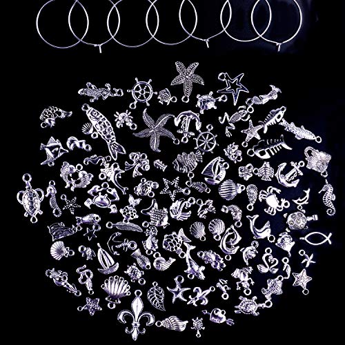 Jdesun 100 Pieces Wine Glass Charm Rings Earring Hoops and 100 Pieces Assorted Charms Pendants for DIY Your Unique Wine Glass Marker