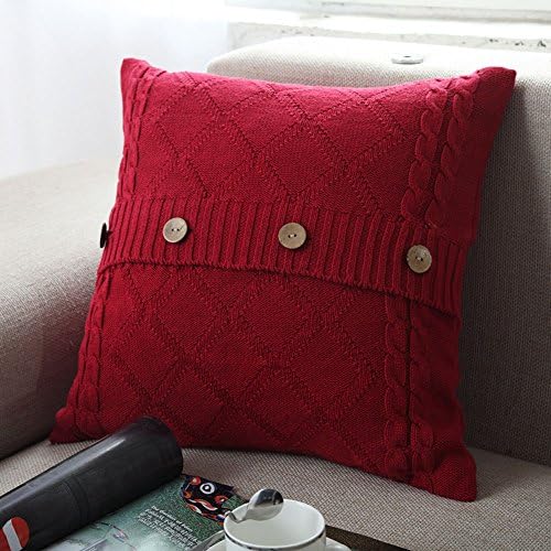 MisDress Cotton Knitted Decorative Pillow Case Cushion Cover Cable Knitting Square Throw Pillow Covers,Burgundy,18x18inch by