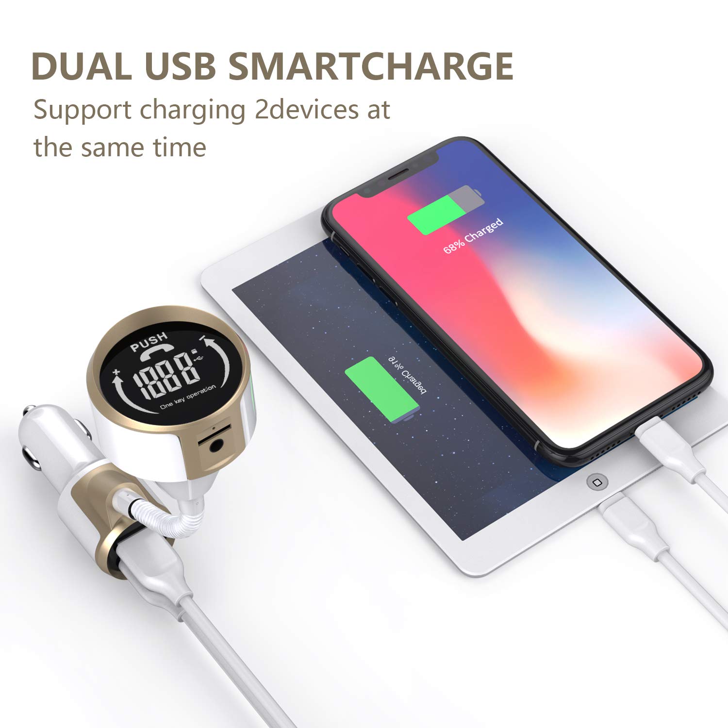 Car Bluetooth FM Transmitter, Simr Wireless Radio Adapter [One-Key Design] In-Car Hands-free Car Kit, Dual USB Car Charger, 12V 1.4 inch LCD Display AUX Output, Support TF Card U Disk Audio MP3 Player