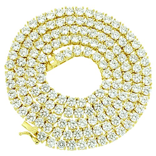 1 Row Tennis Necklace 20 Inch 14k Gold Finish Lab Diamonds 4MM Iced Out Solitaires