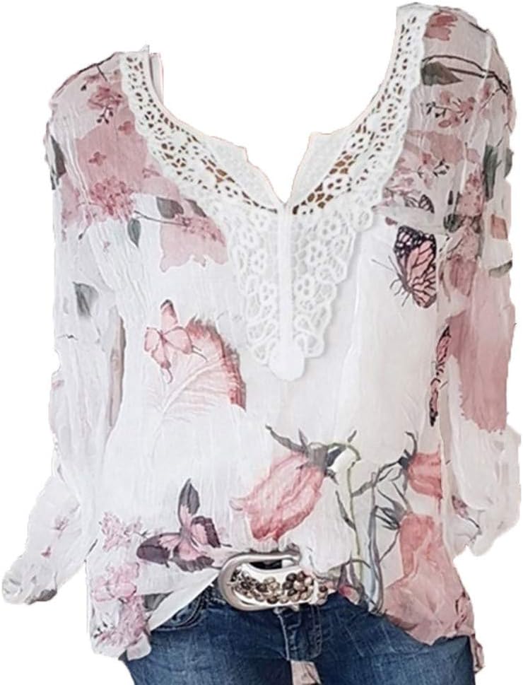 Wtouhe Women's Printing Pocket Short Sleeve Blouse Open-Neckline