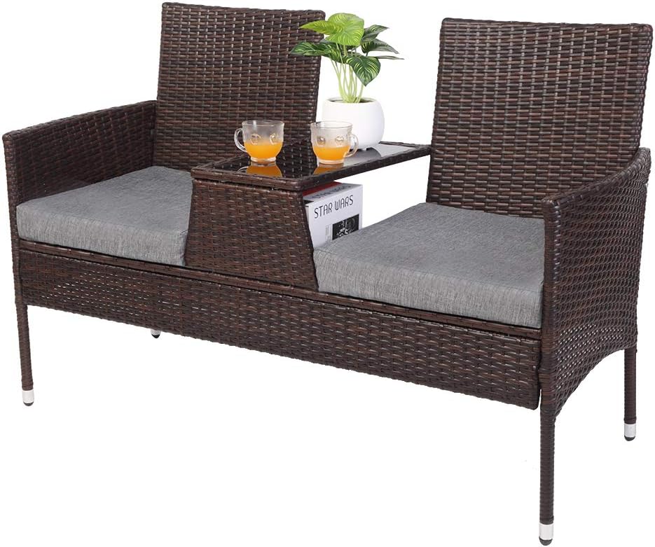 Amazon Com Vingli Wicker Outdoor Loveseat Patio Conversation Set Sofa With Cushions And Table Rattan Sofa Patio Furniture Set Patio Chair For Backyard Lawn Poolside Garden Outdoor