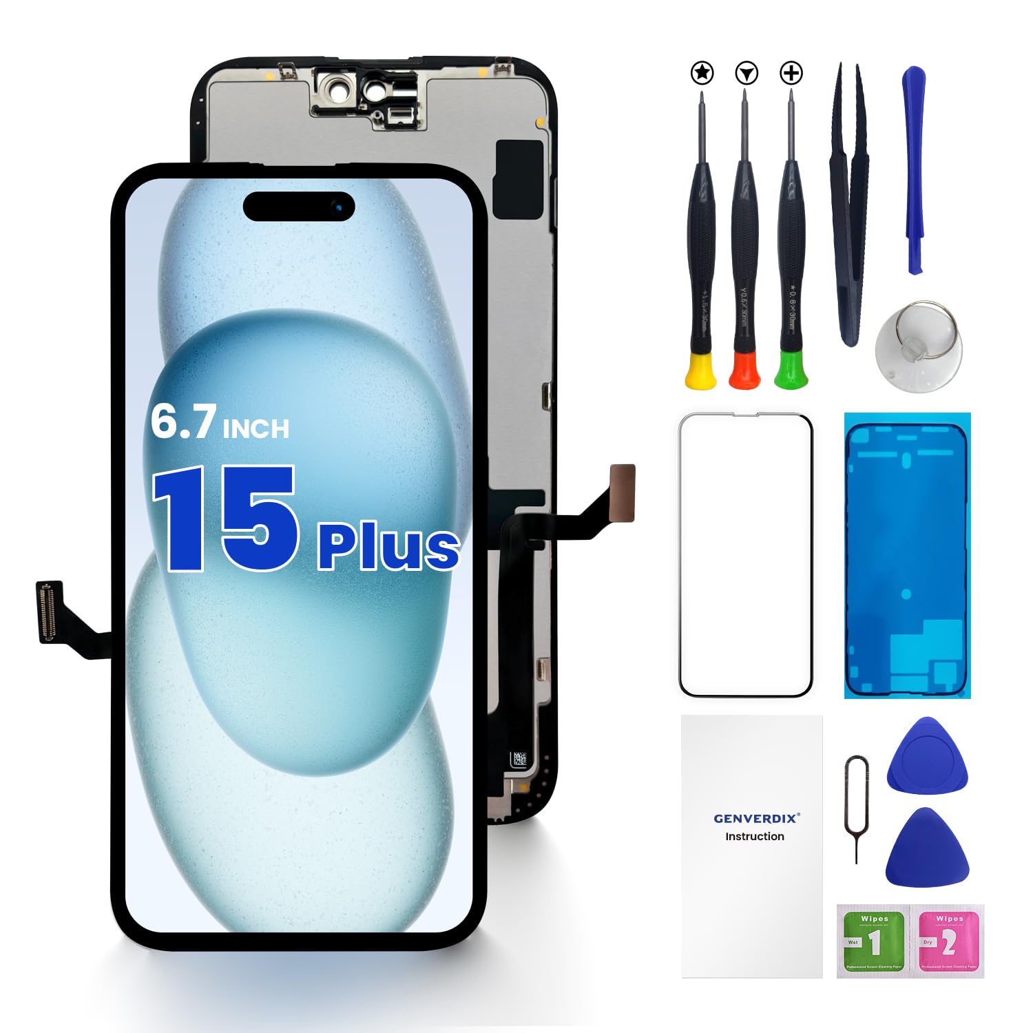 Photo 1 of Genverdix for iPhone 15 Plus Screen Replacement 6.7 3D Touch LCD Display Full Repair kit, Digitizer Assembly with Tools Set, Tempered Glass Screen Protector, Waterproof Frame Adhesive