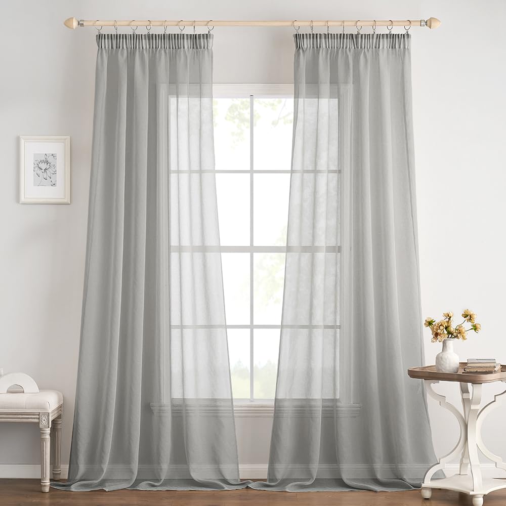 EMEMA Curtains with Ruffle Tape, Set of 2, Sheer Voile Grey Curtains, Stores, Transparent Curtain for Rail System, Living Room, Airy Decorative Curtain for Bedroom, 140 x 215 cm (W x H)