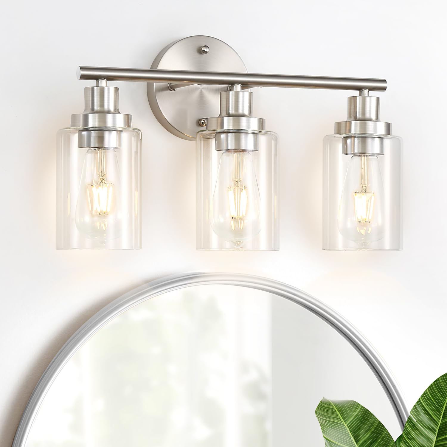 Photo 1 of Apenath Vanity Wall Light Fixtures, Modern 3 Lights Wall Sconce with Clear Glass Shade, Brushed Nickel Farmhouse Wall Lamp for Bathroom Mirror Kitchen Porch Living Room Workshop (E26 Base)