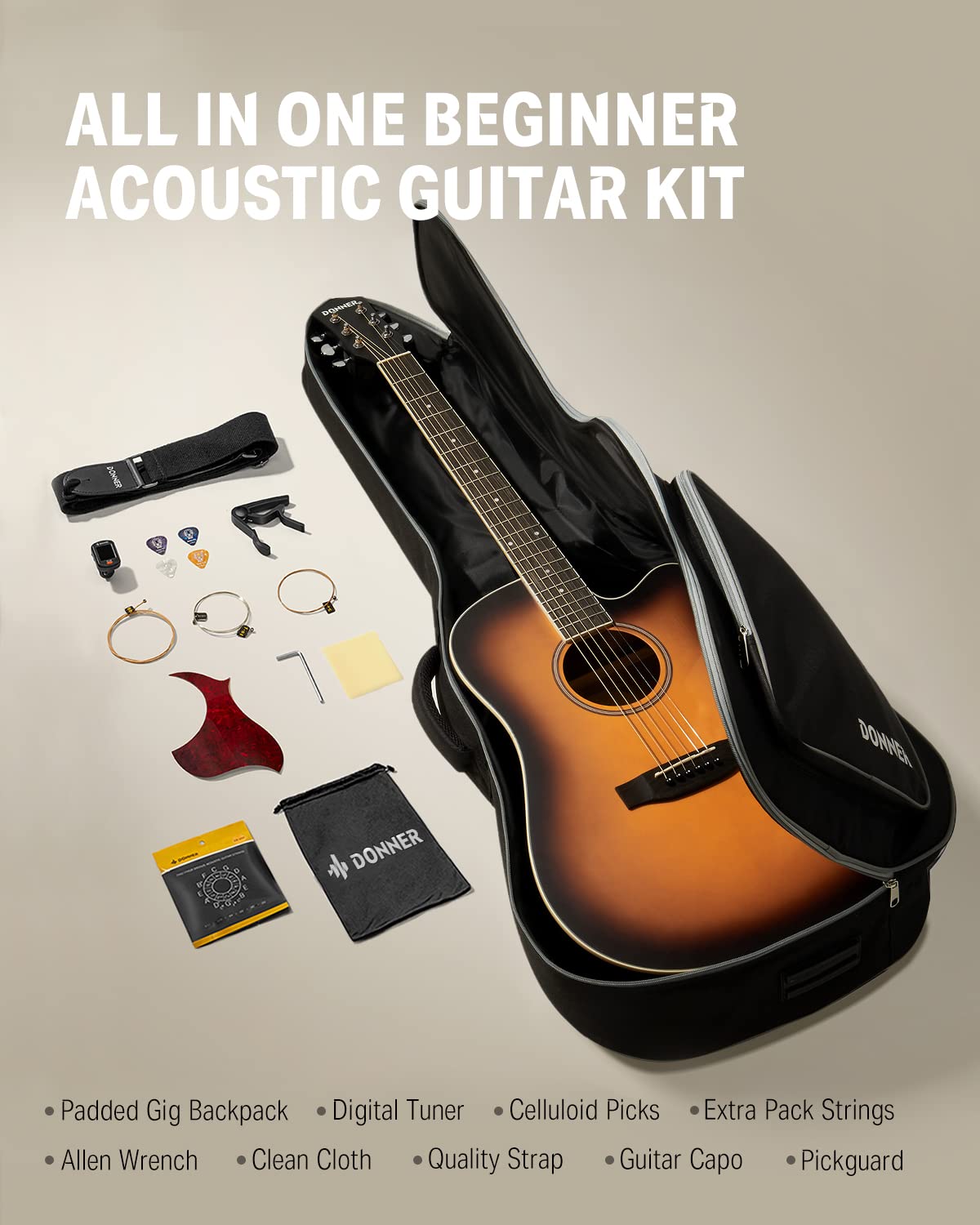 Donner Guitarra acústica para principiantes adultos tamaño completo Cutaway Acustica Guitarra Bundle Kit con bolsa de lección en línea gratuita Correa afinador Capo Pickguard String Pick, mano derecha 41"Sunburst, DAG-1CS/DAD-160CS