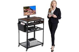ETHU AV Cart with Keyboard Tray, Line Leader AV Cart, Presentation Cart Station, Wood Mobile Printer Cart, Height Adjustable Media Cart with Pullout Keyboard Tray for Office, Home & School