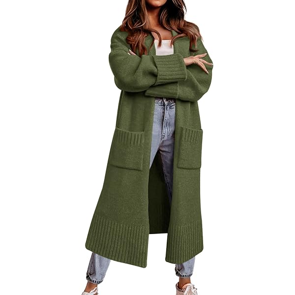 Women's Lightweight Long Cardigan – 3/4 Sleeve Open Front Duster With Pockets (Green, Small) - View #8