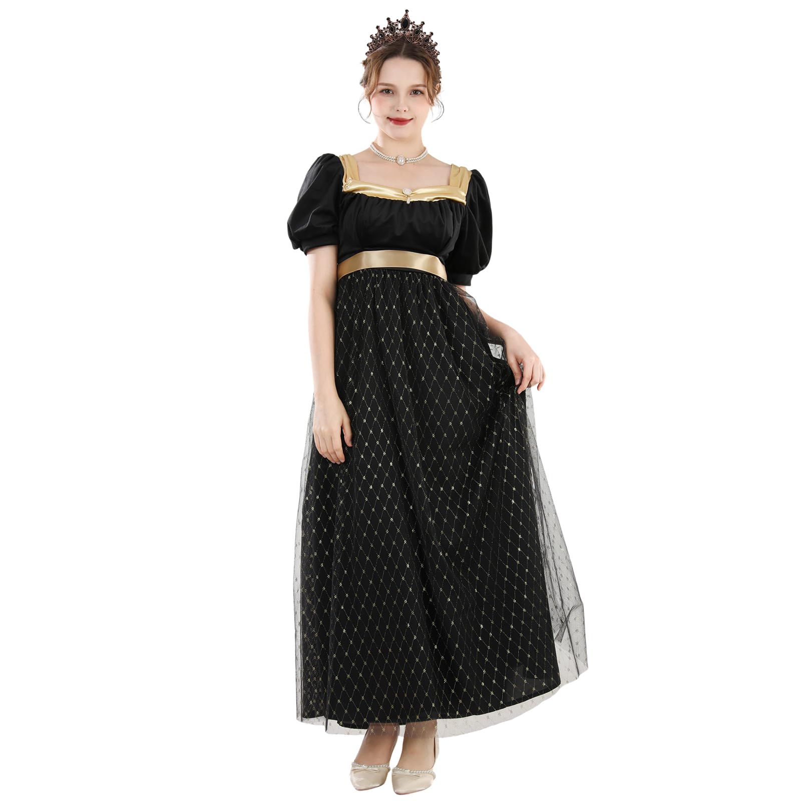 Photo 1 of NSPSTT Regency Dress Ball Gown for Women Princess Gowns Black Renaissance Costume, M