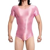 FEOYA Men's Glossy Bodysuit Oil Shiny One Piece Leotard Underwear Sheer Smooth Short Sleeve Lingerie Romper