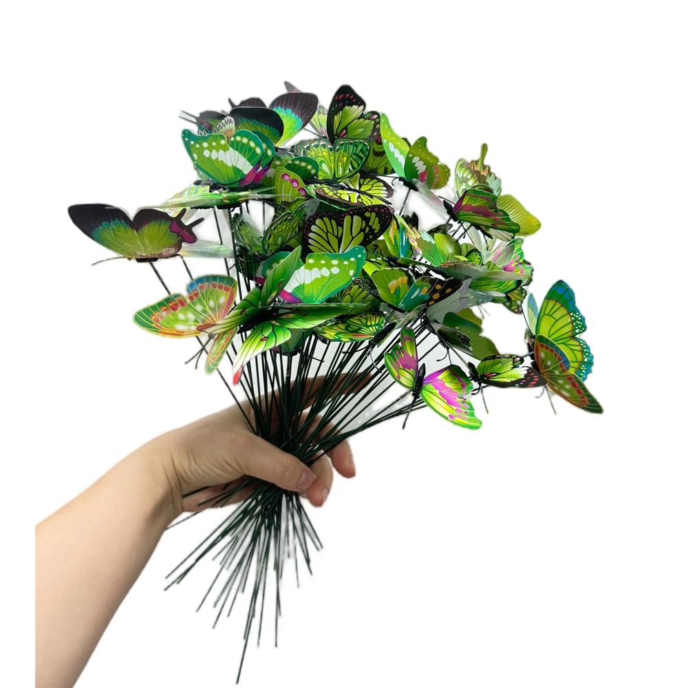 Rikyo 3D Butterfly Garden Stake Decor,10" PVC Butterfly Garden Decor for Outside,Shaking Head Artificial Butterflies for Bouquet Outdoor Wall Lawn Pathway Plant Pot Flower Bed Yard Decor (50, Green)