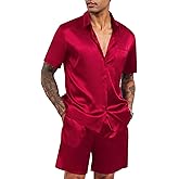 LecGee Men's Satin 2 Piece Outfits Lapel Shirt and Shorts Short Sleeve Button Down Tracksuit Luxury Set Prom Club Party