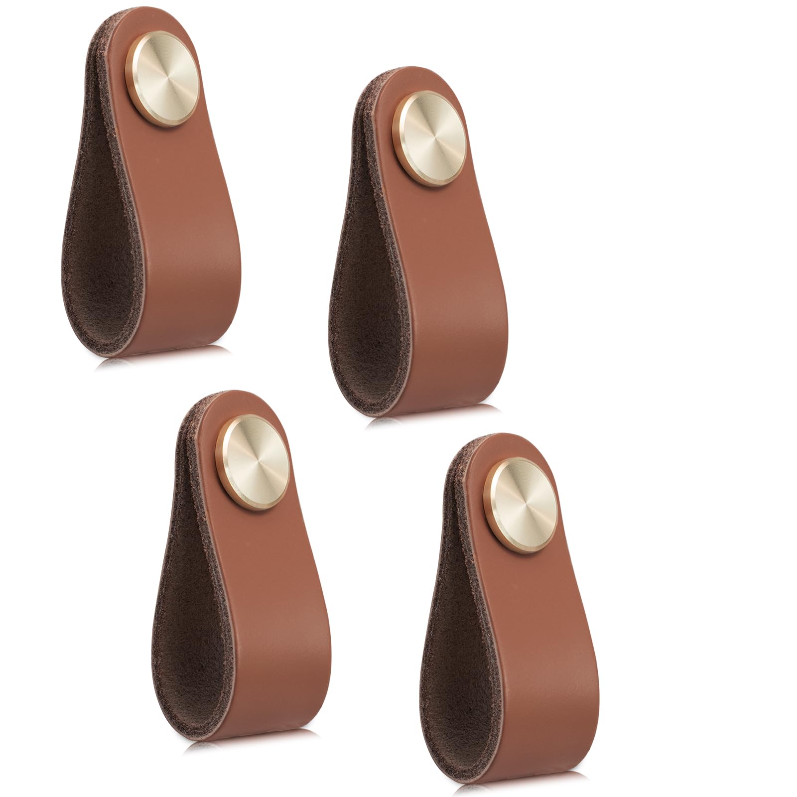 LEREATI 4pcs Leather Drawer Handles Drawer Knobs Kitchen Cupboard Handles, Leather Drawer Pulls for Cupboards, Wardrobe, Dresser, Closet (Light Coffee, Single Hole)