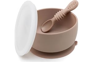 SAMiGO Baby Bowl and Spoon Set with Suction and Lid, Silicone Baby Food Bowl, First Stage Baby Feeding Set, Self Feeding Essentials for 6+ Months (Earth)