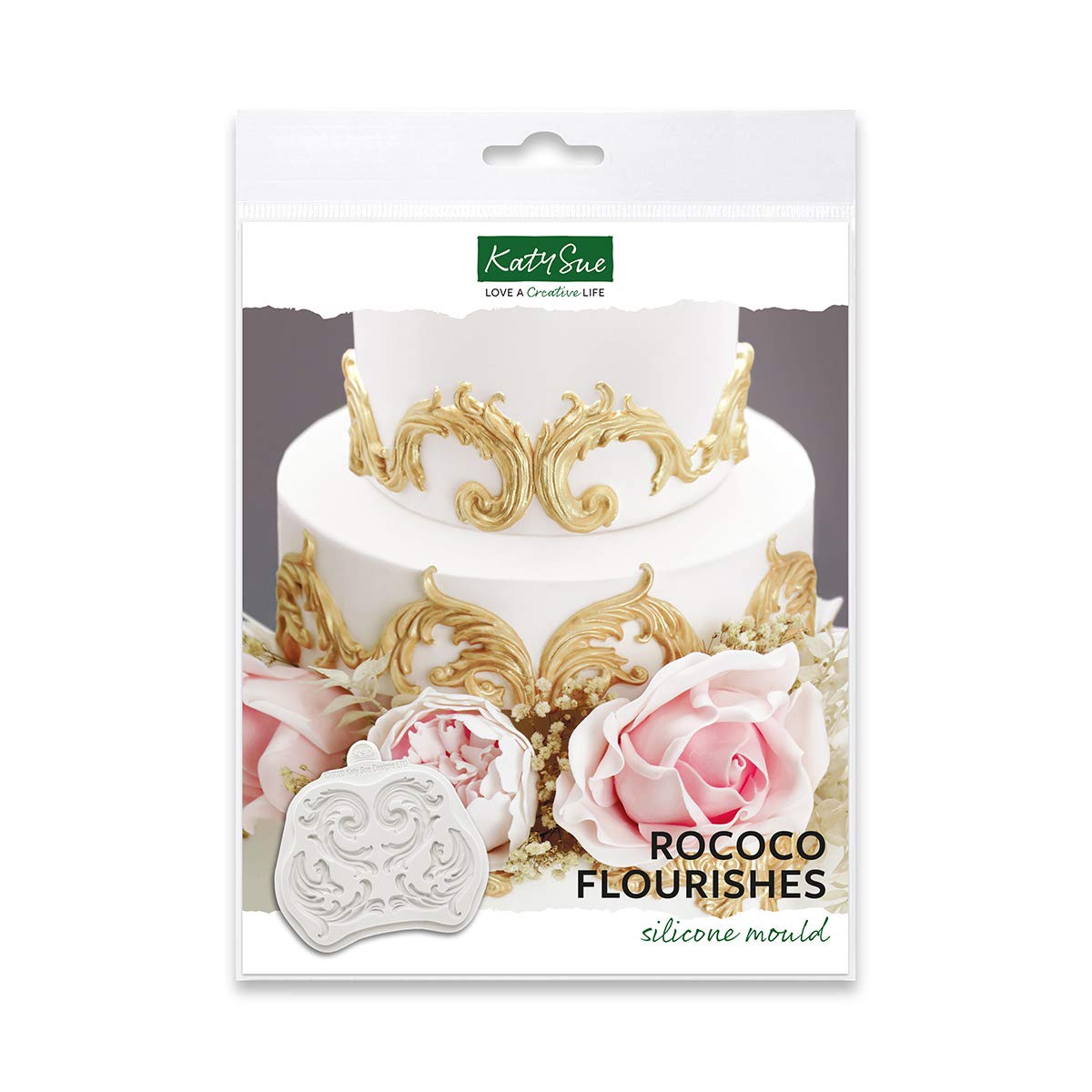 Katy Sue Rococo Flourishes Silicone Mould for Cake Decorating & Crafts - Create 2 Sizes & Shape of Decorative Flourish/Scroll Embellishment - Top Flourish 44 x 55mm, Bottom Flourish 55 x 55mm
