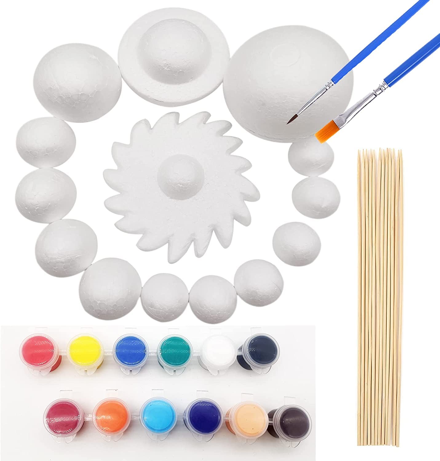 Huimai Solar System Model Kit for Children with 14 Foam Balls, 12 Bamboo Sticks, 12 Colour Pigments, 2 Painting Brushes for Solar System Astronomy Lessons and School Projects