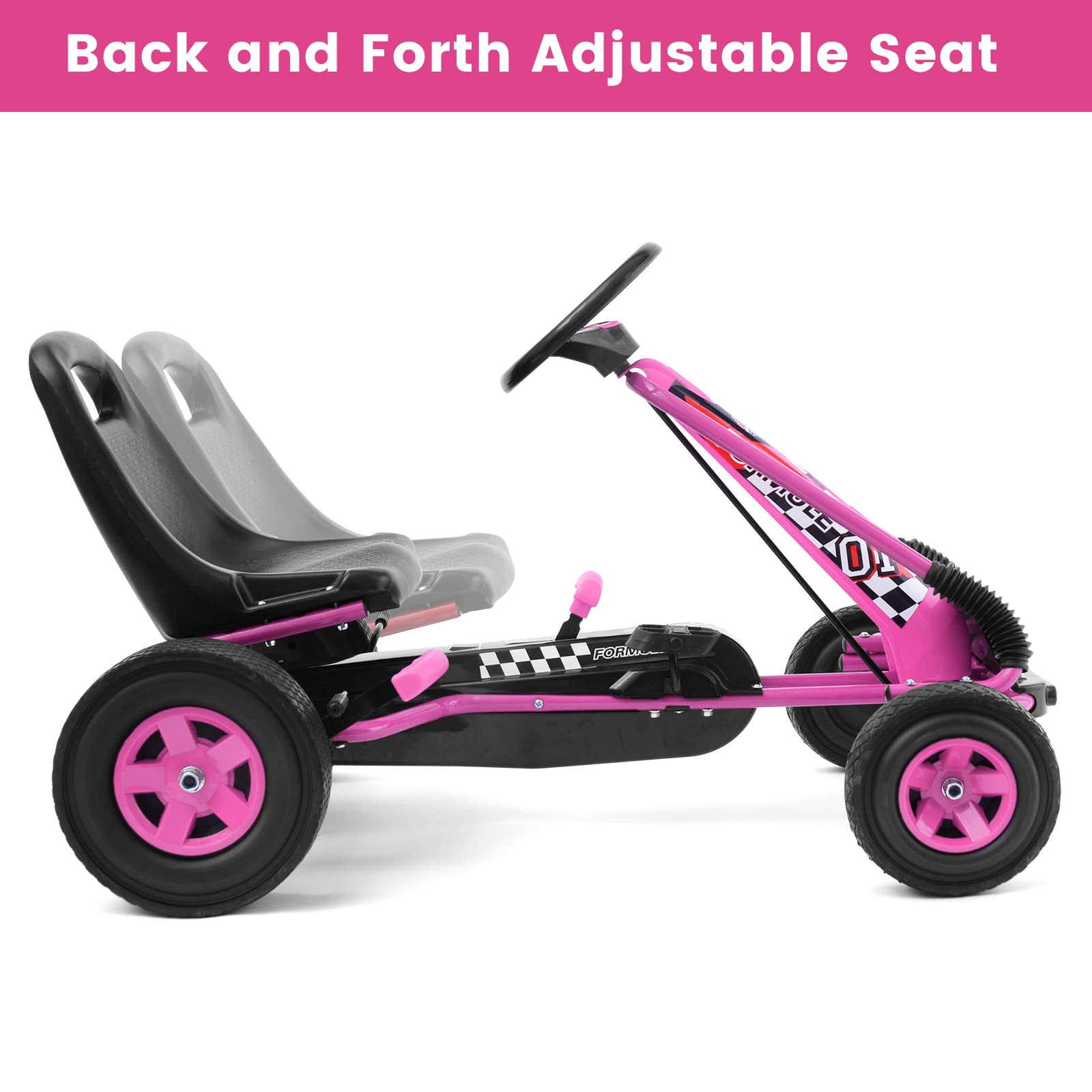 Costzon Go Kart for Kids, 4 Wheel Off-Road Pedal Go Cart w/Adjustable Seat, Steering Wheel, 2 Safety Brakes, EVA Rubber Tires, Ride-On Toys for Boys & Girls, Outdoor Racer Ride On Pedal Car (Pink)