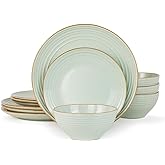 Famiware Jupiter Dinnerware Set, Plates and Bowls Dish Sets for 4 (12 Pieces), Speckled Stoneware Tableware wtih Trim - Microwave and Dishwasher Safe, Chip and Scratch Resistant, Light Green