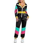 Yisfri Women's Color Block One Piece Retro Outfits 80s Elastic Waist Jumpsuit with Hood
