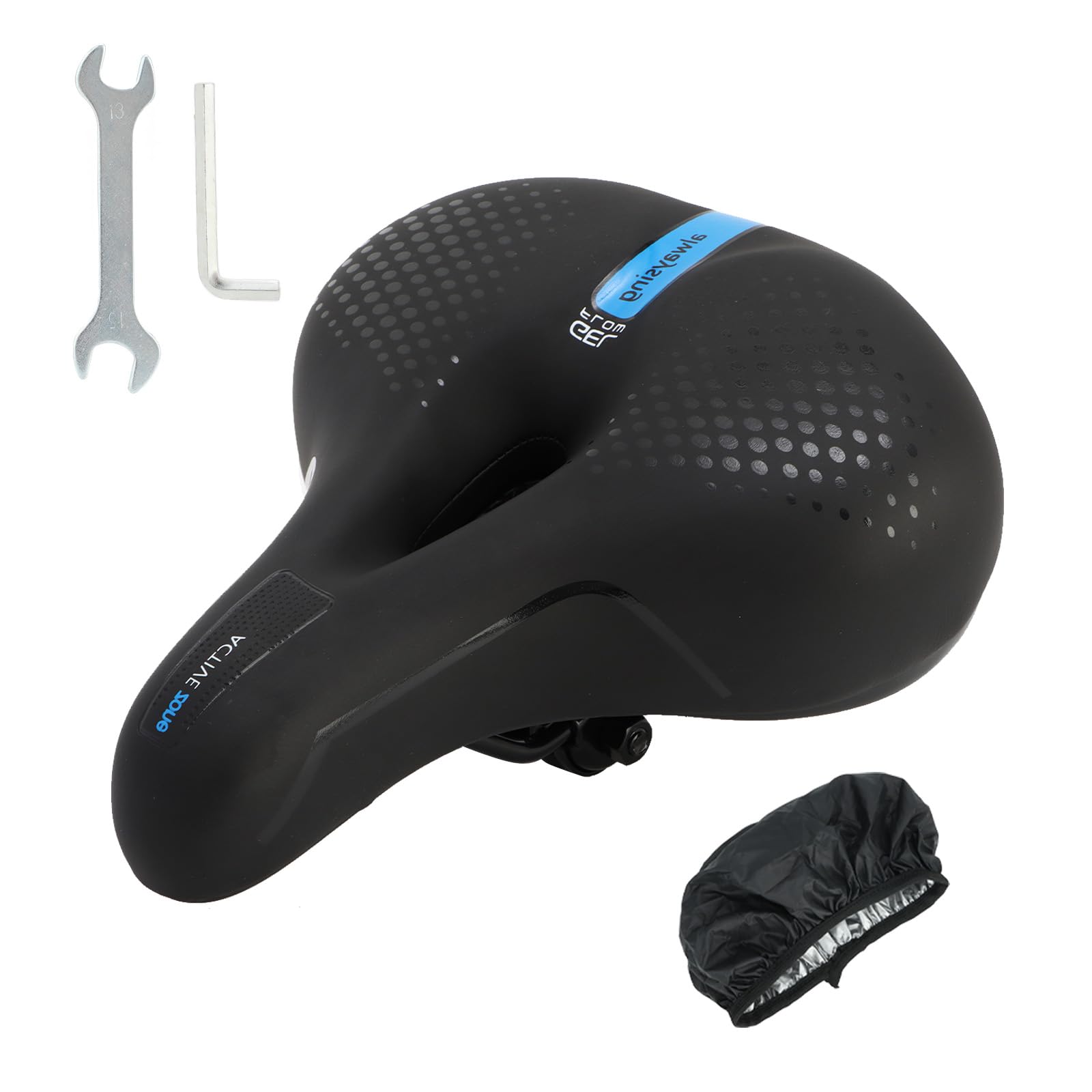 BWBIKE Large Comfortable City Bike Seat Wide Saddle Shock Absorbing Memory Foam Padded Exercise Bicycle Seat Waterproof Leather Cover Universal Soft Replacement Cycling Cushion, Blue