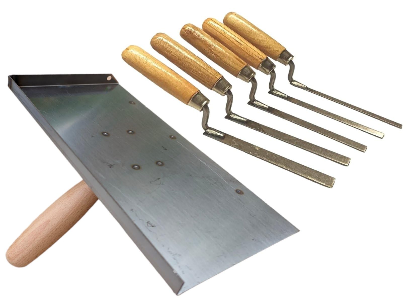 5 x Carbon Steel Pointing Finger Trowels + Stainless Brickwork Hawk Set, Jointing Brick Gaps Fill Fix Repair Tools DIY (SH5FT)