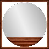 Howard Elliott Collection Dirken Hanging Round Wall Mirror, Modern Geometric Style Mirror with Square Wooden Frame and Brown 