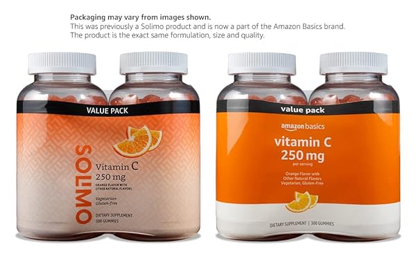 AMAZON BASICS VITAMIN C 250 MG GUMMIES, ORANGE, 300 COUNT (2 PACKS OF 150), 2 PER SERVING (PREVIOUSLY SOLIMO)