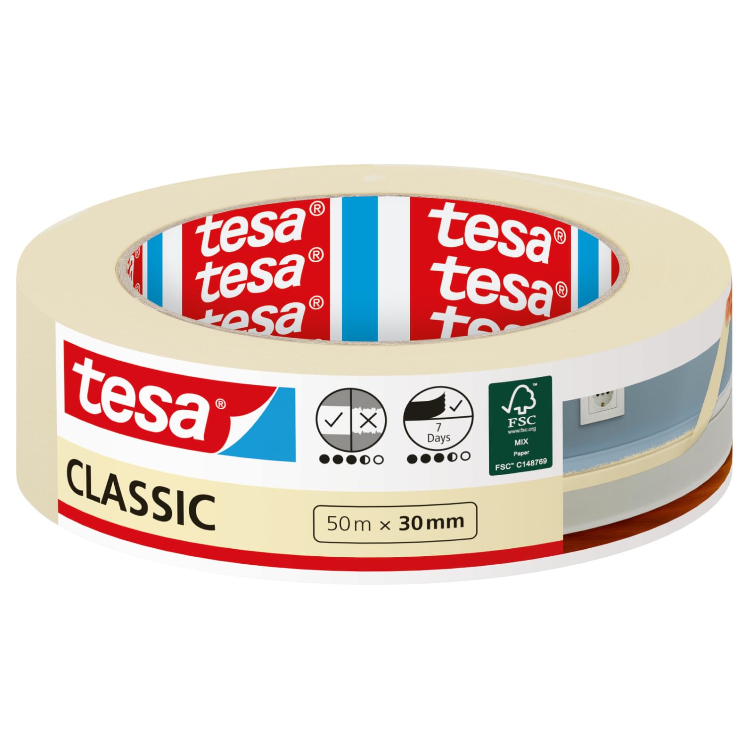 tesa Masking Tape CLASSIC - Painter's Tape for Masking During Painting Work - Solvent-free, Removable without Residue - 50 m x 30 mm