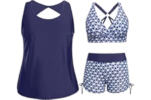 Holipick Women 3 Piece Plus Size Tankini Swimsuits Tummy Control Bathing Suits with Sports Bra with Boy Shorts