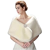 Teyglen Bridal Faux Fur Wrap Shawl Cape for Women Wedding Evening Party White Fur Stole Wrap with Brooch Warm Cover Fur Scarf