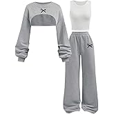 RoseSeek Girl's 3 Piece Fall Outfits Bow Graphic Cropped Sweatshirts and Baggy Sweatpants Set with Camisole