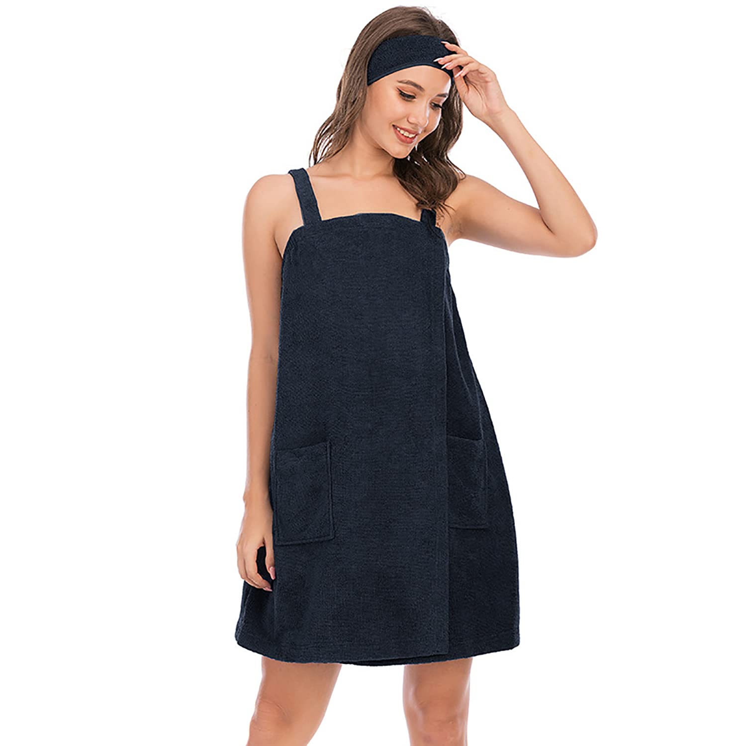 Verve Jelly Women's Towel Wrap Plus Size Beach Pool Cover Ups Gym Body Wrap Ladies Cotton Sarong Towel Shower Spa Sauna Beach Gym Towelling Robe Cover-Up with Pocket Navy Blue XL