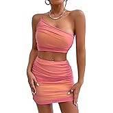 Verdusa Women's 2 Piece Outfit Ruched Mesh One Shoulder Cami and Bodycon Skirt Orange M