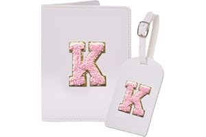 Ulico Initial Passport Cover and Luggage Tag Set,PU Leather Letter Passport Case Holder Travel Suitcase Tag, Personalized Travel Luggage Accessories Gifts for Women Kids Teenage White K