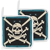 2 PCS Pot Holders Sets Heat Resistant Pirate Flag Skull Potholders Non-Slip Kitchen Pot Holder with Soft Cotton Lining, Oven Hot Pads Mats, Trivet for Kitchen Cooking Baking BBQ