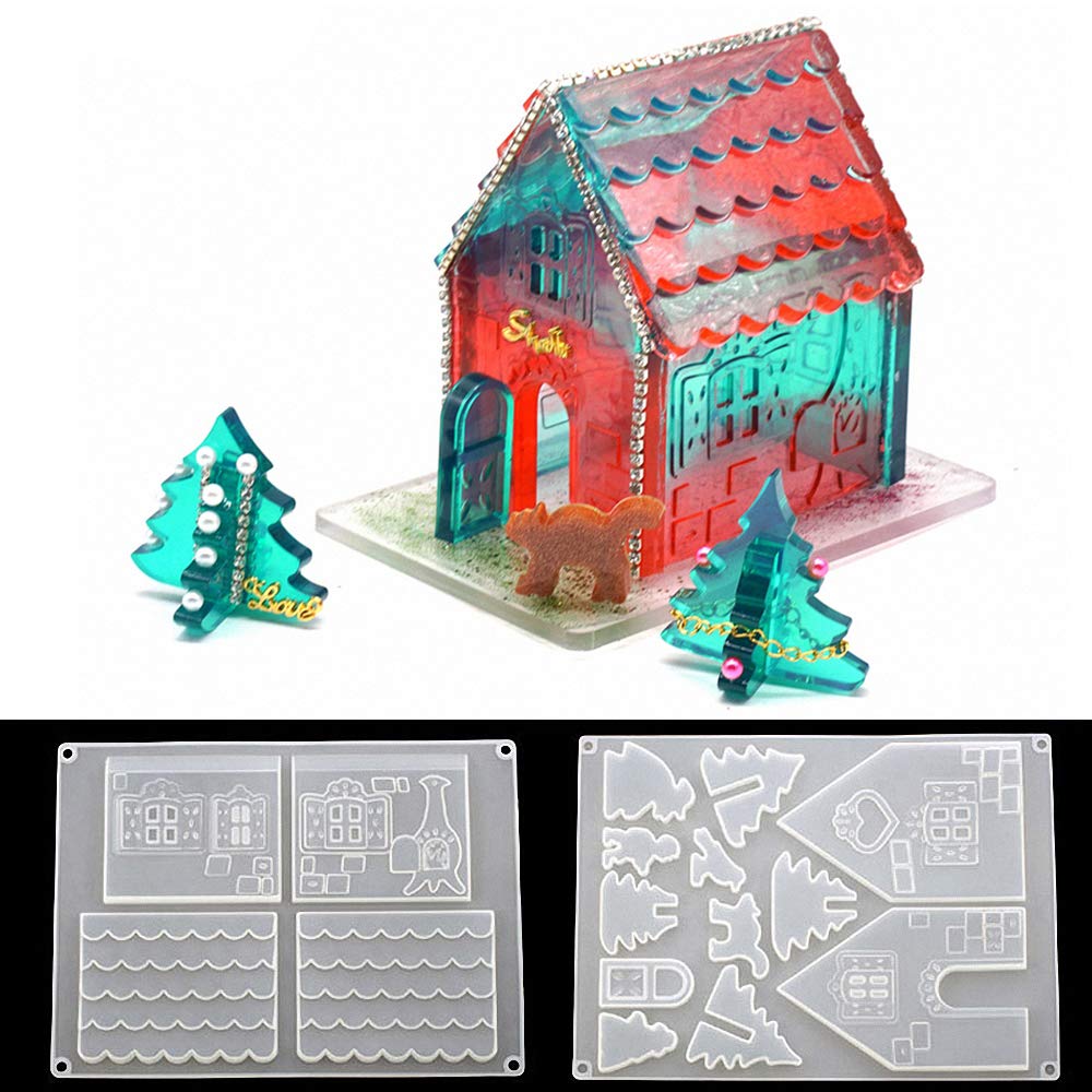 2Pcs/Set 3D Christmas Gingerbread House Silicone Resin Epoxy DIY Craft Making Mold Chocolate Fondant Mold Cake Decorating Tools