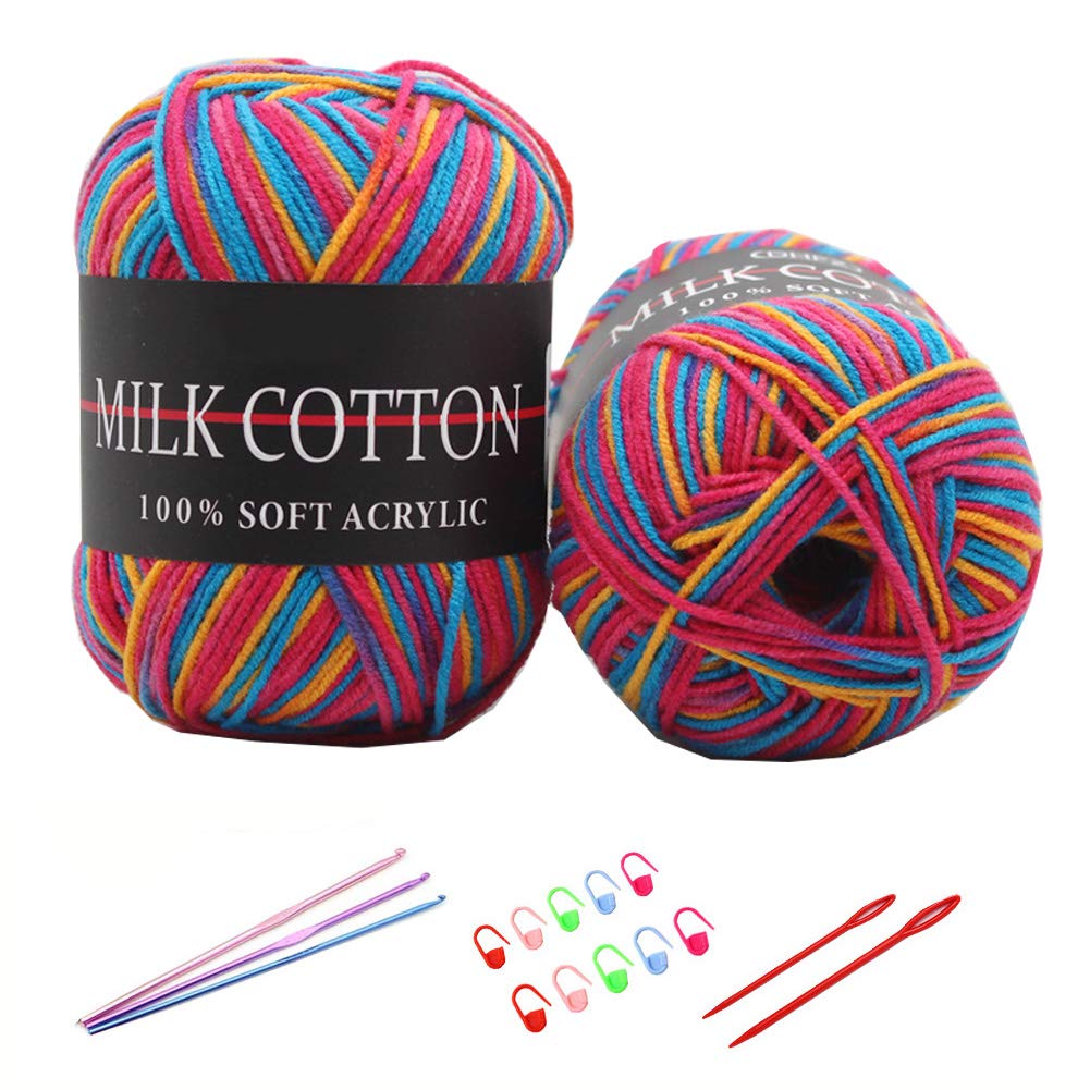 6X 50g Knitting Rainbow Wool Yarn Balls Colorful Hand Crochet Knitting Double Acrylic Yarn Set, 23 Colors, with 3 Crochet Hooks, 2 Needles, 10 Crochet Locking Stitch Markers (17)