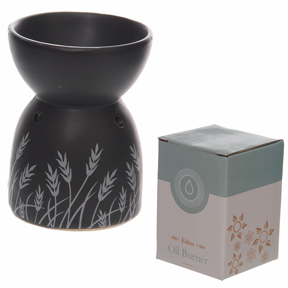 Puckator Eden Grass Design Black Ceramic Oil & Wax Melt Burner - Wax Melt Burners Warmer - Boho Bedroom Decor Diffuser Scent Tea Light Burner Holder - House Warming Gift - Aromatherapy Set