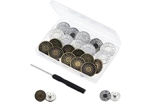 Ginojex 24 Sets Metal Buttons 20mm Jeans Button Replacement Kit No-Sew Detachable with Thread Rivets Screwdrivers Storage Box
