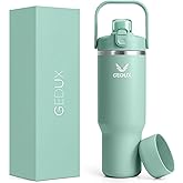 32 oz Stainless Steel Tumbler with Handle and Straw, Vacuum Insulated Water Bottle with 2-in-1 Lid (Chug/Straw) and Silicone Boot,Keeps Drinks Hot and Cold