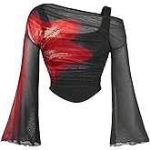 Verdusa Women's Y2k Off The Shoulder Tops Tie Dye Mesh Long Flared Sleeve Ruched Crop Shirt Top 2000s Clothing Black Red X-Large