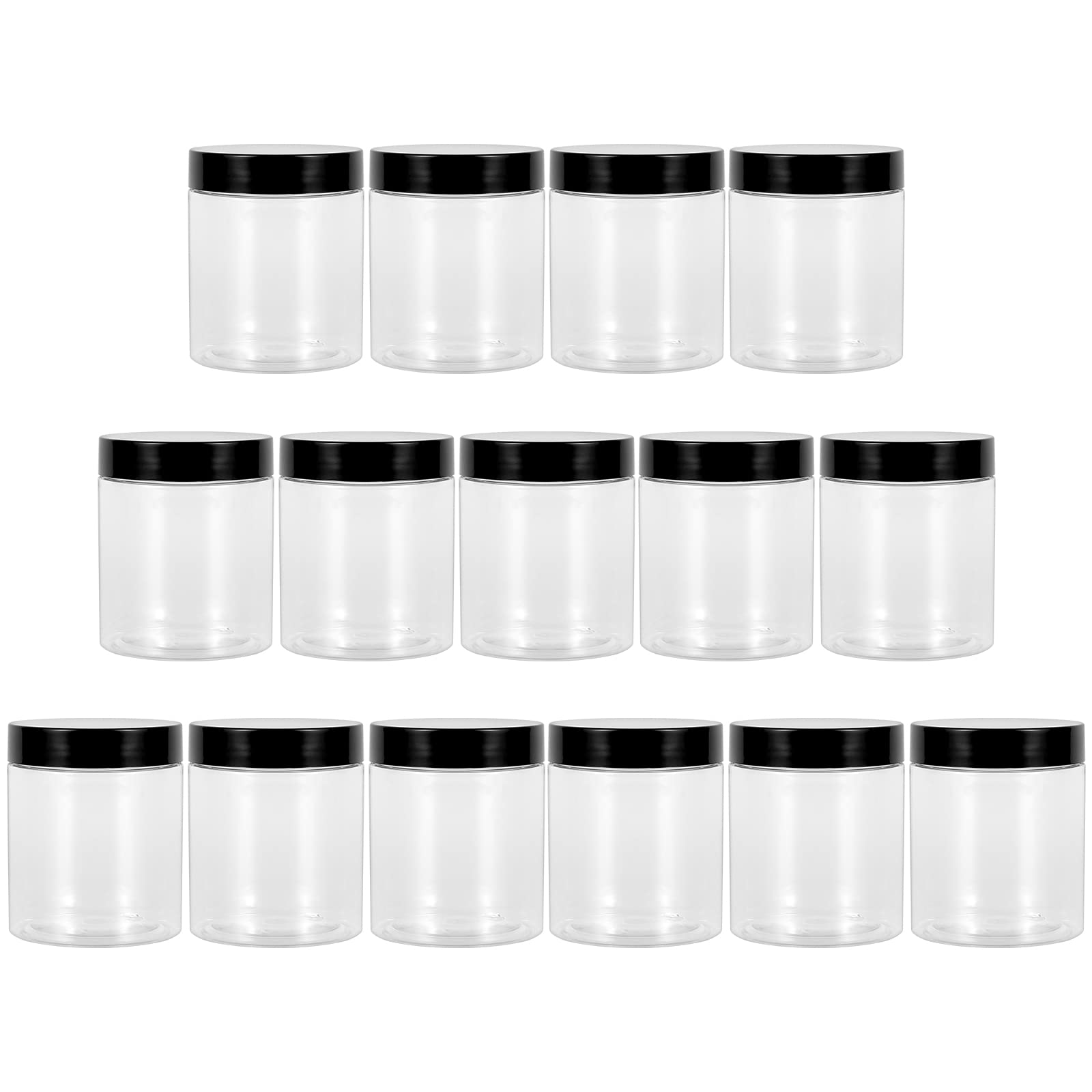Yishik 15 Pack Round 8oz Plastic Jars with Black Lids,Refillable PET Clear Storage Jars for Slime Making,Cosmetic,DIY Crafts,Kitchen Storage(40 labels as gift)