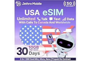 USA Travel eSIM (Uses T-Mobile), Unlimited Talk, Text, Data & Max 10GB High-Speed Data, Quick Activation, Reloadable, Easy to