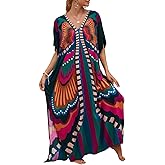 Bsubseach Kaftan Dresses for Women V Neck Butterfly Print Plus Size Batwing Sleeve Caftans Long Bathing Suit Cover Up