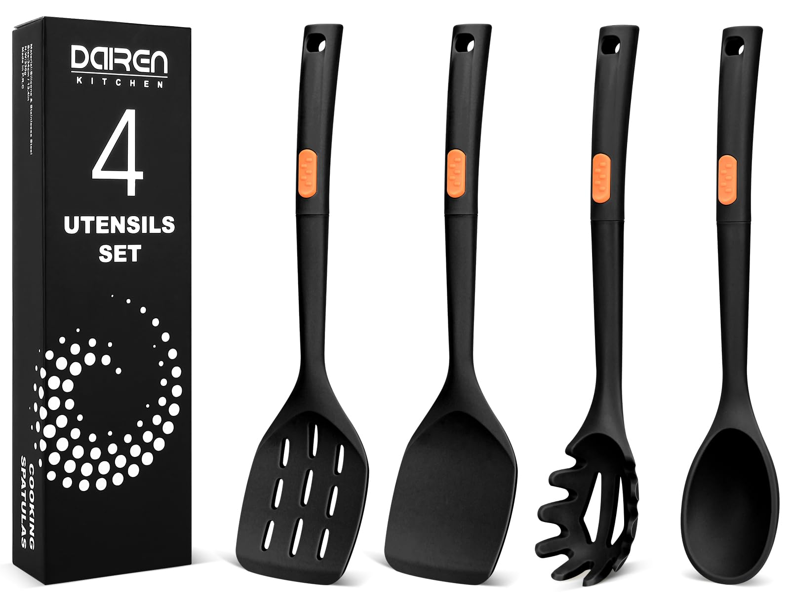 Silicone Cooking Spatulas and Spaghetti Spoons, 4 Pack Heat Resistant Full Silicone Cooking Utensils Set, Non Stick Large Kitchen Silicone Spatula Spoons for Cooking, Mixing, Serving, Draining (BLACK)