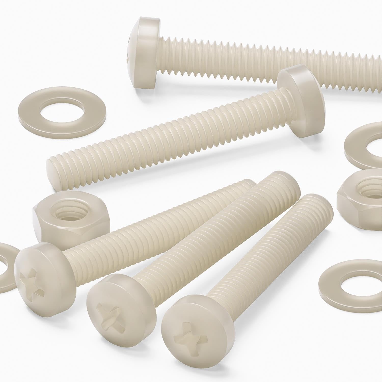50 x Nylon Pan Head, Crosshead Plastic Machine Screws, M3 x 20mm, Plastic Bolts, Nuts & Washers
