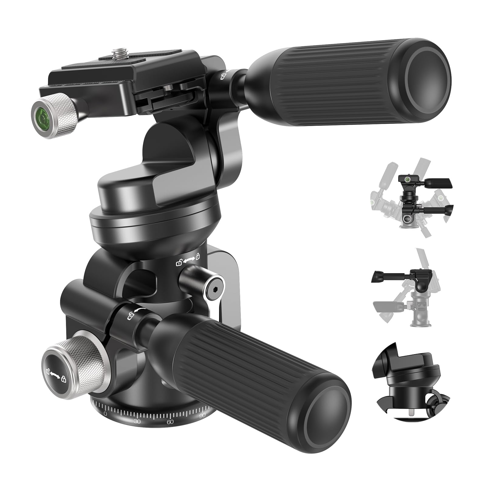 NEEWER 3 Way Tripod Pan Tilt Head (Non Geared) with ±15° Leveling Bowl Base, Photography Fluid Head with Damping, Arca Type QR, Max Load 13.2lb/6kg, Retractable Handle, GM37